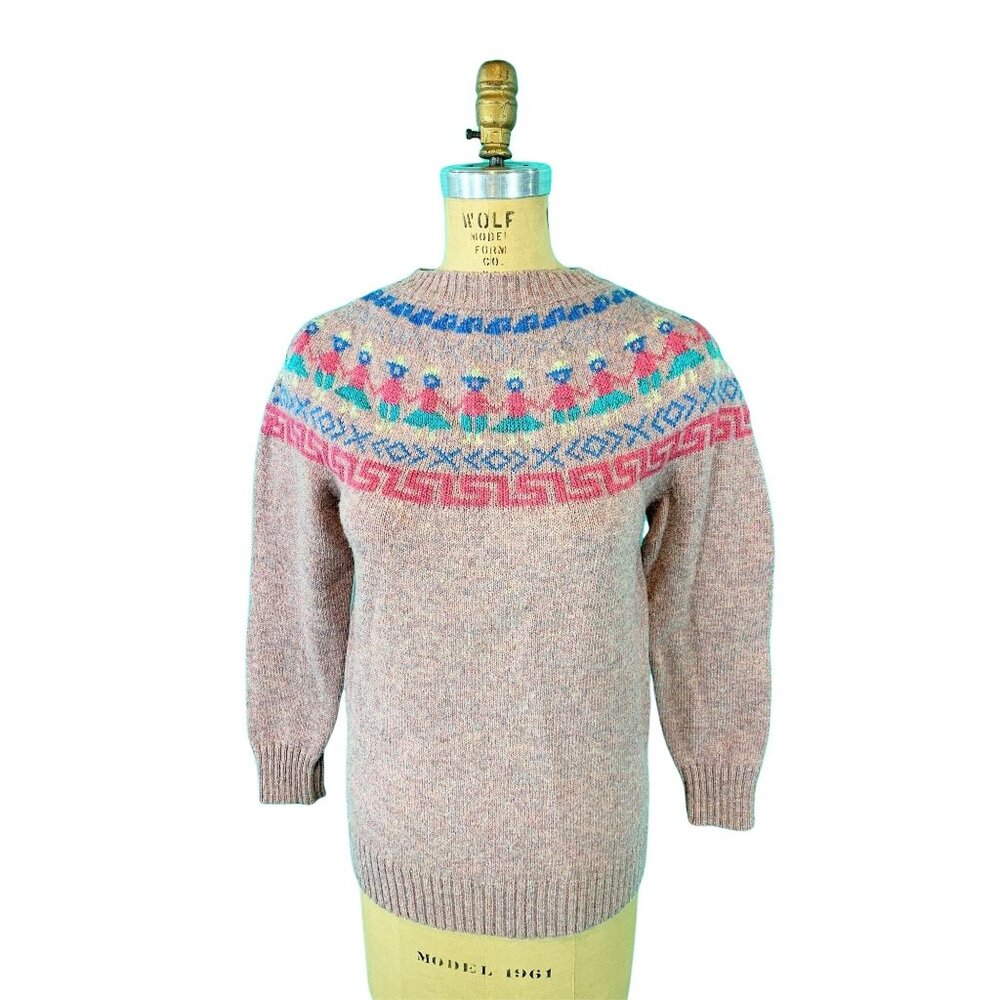 Vintage 80s Fair Isle Sweater Womens XS Pink People Metallic Novelty Pullover - Picture 6 of 10